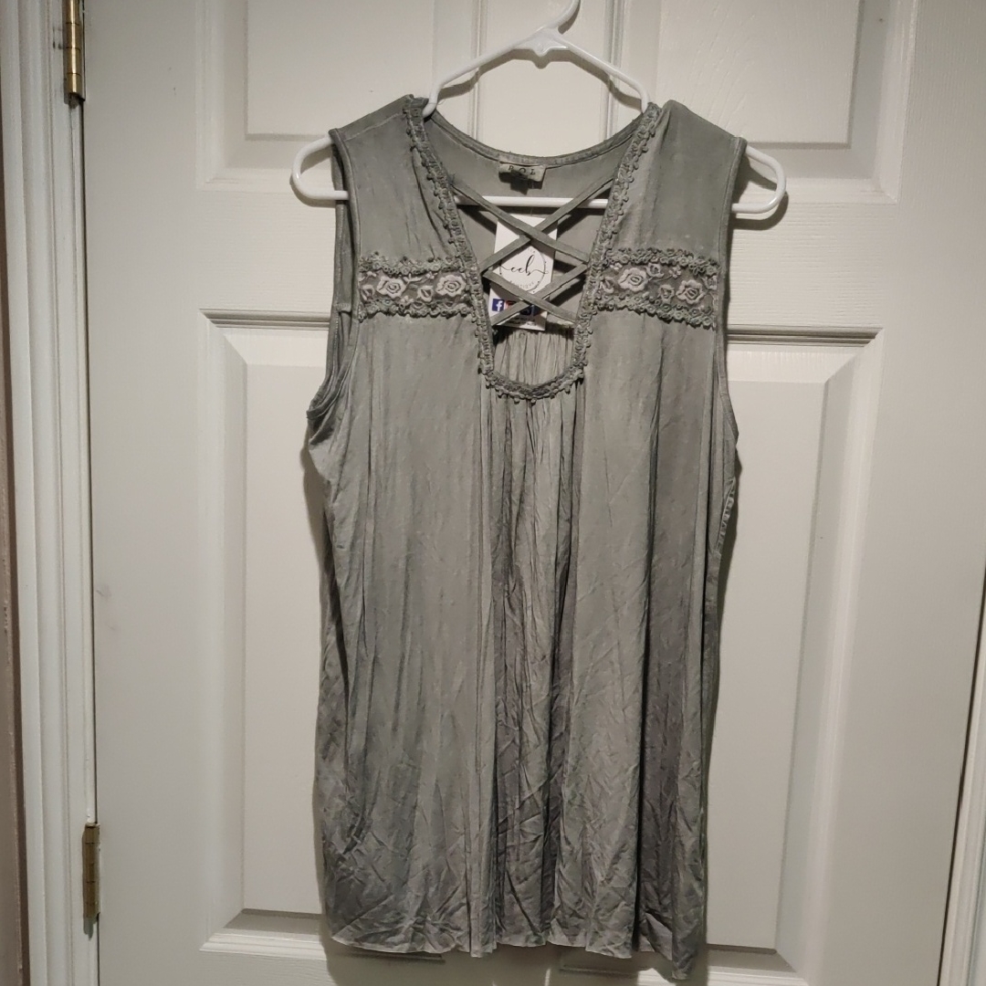 Pol Gray Lace Accent Tank Top With Cross Cross Front Detail